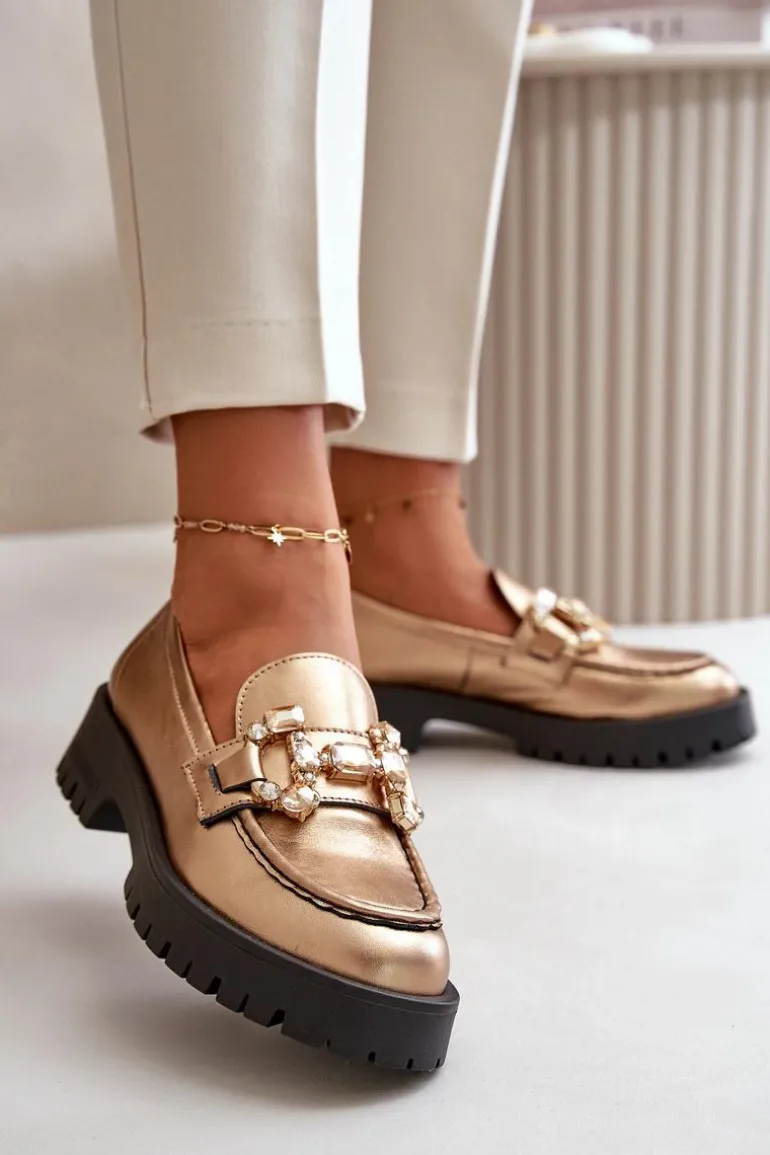 Damskie Skórzane Mokasyny Z Ozdobą CheBello 4369 Złote
