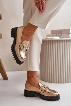 Damskie Skórzane Mokasyny Z Ozdobą CheBello 4369 Złote