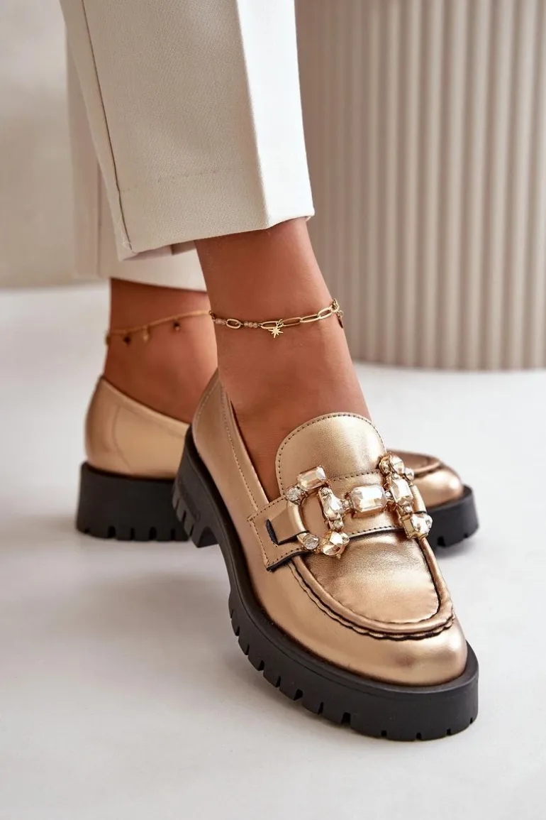 Damskie Skórzane Mokasyny Z Ozdobą CheBello 4369 Złote