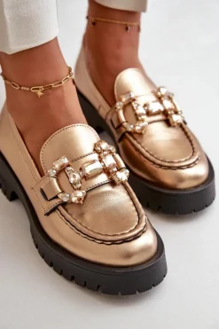 Damskie Skórzane Mokasyny Z Ozdobą CheBello 4369 Złote
