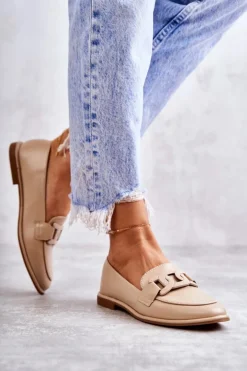 Damskie Skórzane Mokasyny Z Ozdobą Beżowe Kerrie