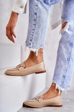 Damskie Skórzane Mokasyny Z Ozdobą Beżowe Kerrie