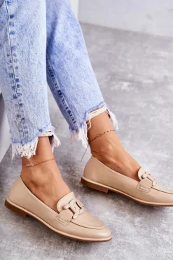 Damskie Skórzane Mokasyny Z Ozdobą Beżowe Kerrie