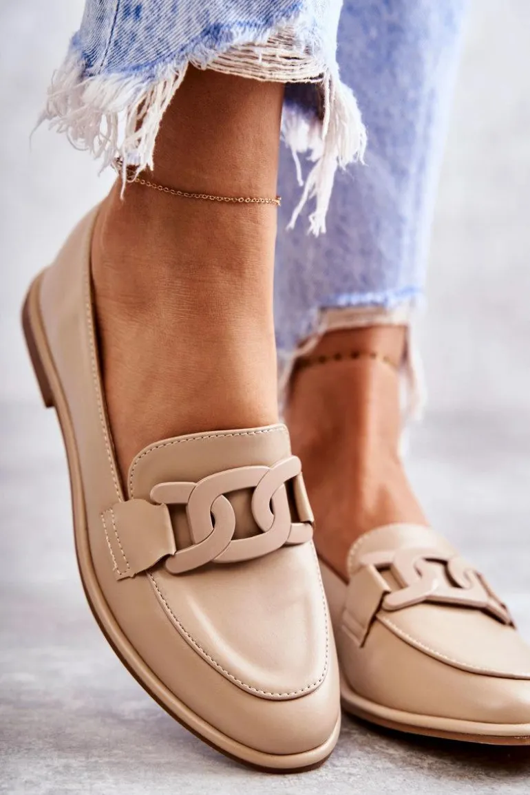 Damskie Skórzane Mokasyny Z Ozdobą Beżowe Kerrie