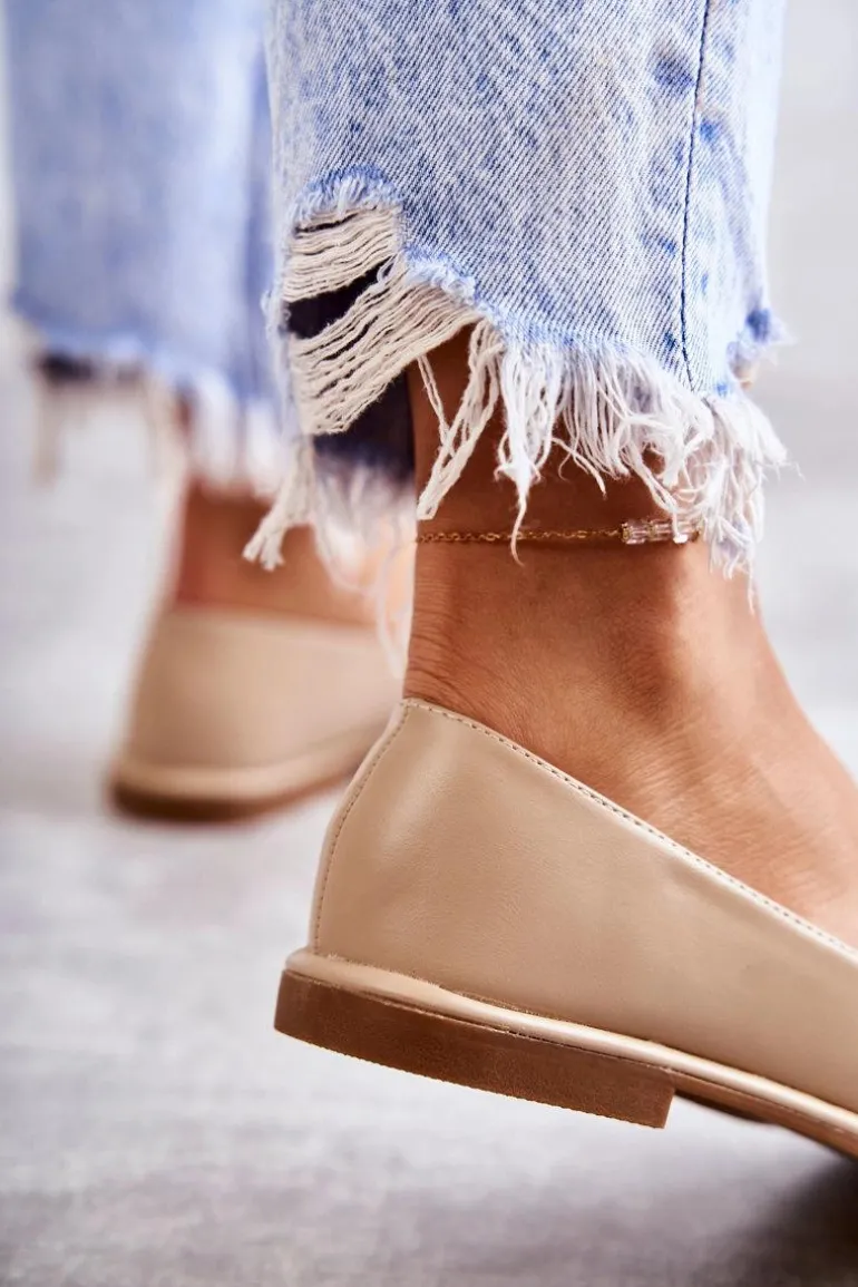 Damskie Skórzane Mokasyny Z Ozdobą Beżowe Kerrie