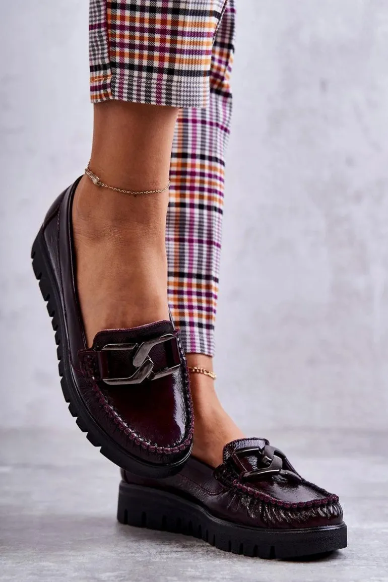 Damskie Skórzane Mokasyny Na Platformie Bordowe Venesia