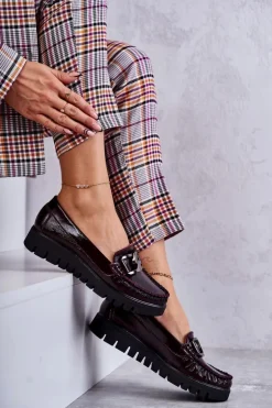 Damskie Skórzane Mokasyny Na Platformie Bordowe Venesia