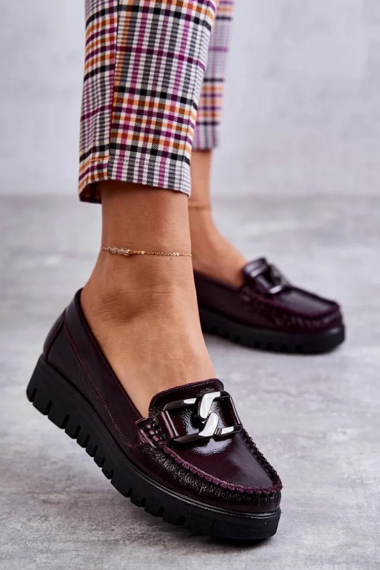 Damskie Skórzane Mokasyny Na Platformie Bordowe Venesia