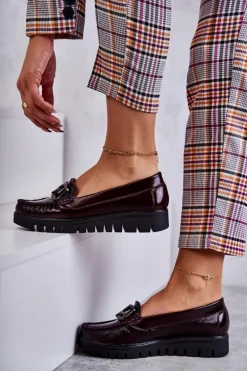 Damskie Skórzane Mokasyny Na Platformie Bordowe Venesia