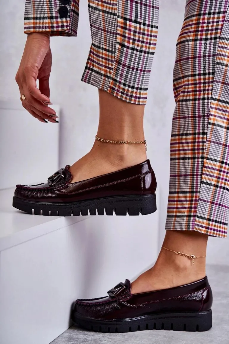 Damskie Skórzane Mokasyny Na Platformie Bordowe Venesia