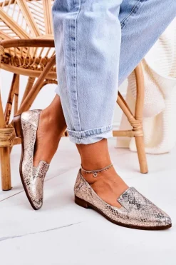 Damskie Skórzane Mokasyny Wzór Zwierzęcy Złote Scarlett