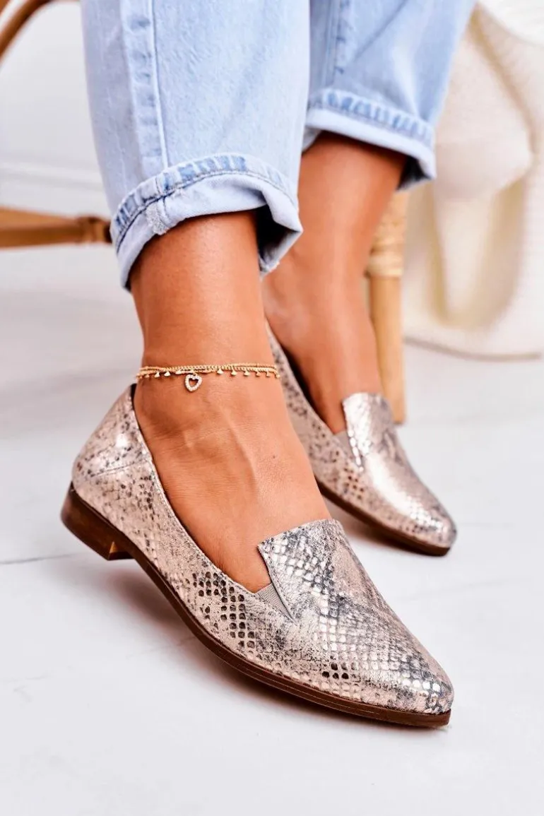 Damskie Skórzane Mokasyny Wzór Zwierzęcy Złote Scarlett