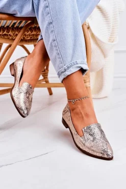 Damskie Skórzane Mokasyny Wzór Zwierzęcy Złote Scarlett