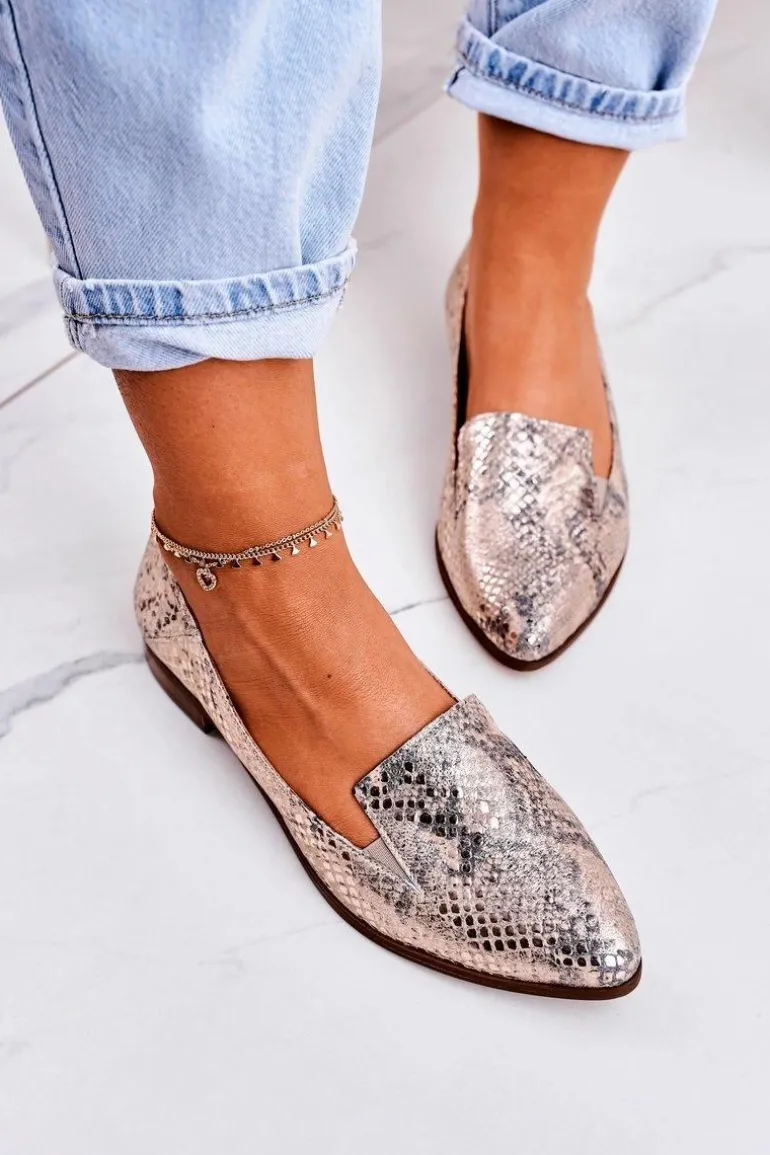 Damskie Skórzane Mokasyny Wzór Zwierzęcy Złote Scarlett