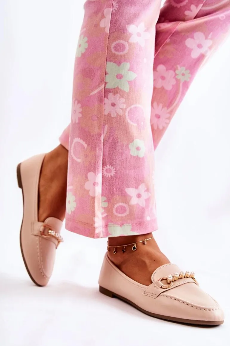 Damskie Skórzane Mokasyny Z Ozdobnymi Perłami Beżowe Sergia