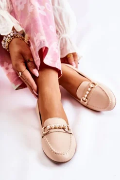 Damskie Skórzane Mokasyny Z Ozdobnymi Perłami Beżowe Sergia