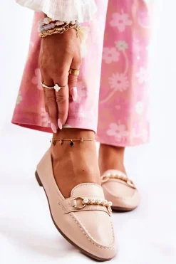 Damskie Skórzane Mokasyny Z Ozdobnymi Perłami Beżowe Sergia