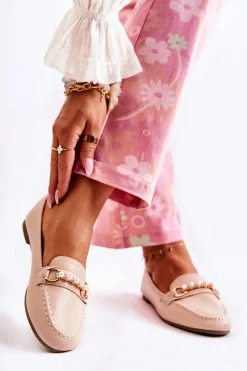 Damskie Skórzane Mokasyny Z Ozdobnymi Perłami Beżowe Sergia