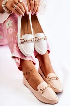 Damskie Skórzane Mokasyny Z Ozdobnymi Perłami Beżowe Sergia