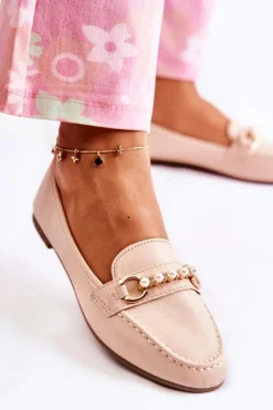 Damskie Skórzane Mokasyny Z Ozdobnymi Perłami Beżowe Sergia