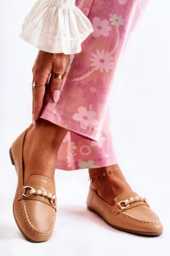 Damskie Skórzane Mokasyny Z Ozdobnymi Perłami Brązowe Sergia