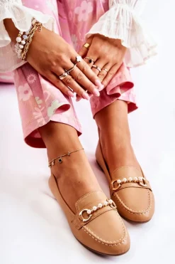 Damskie Skórzane Mokasyny Z Ozdobnymi Perłami Brązowe Sergia