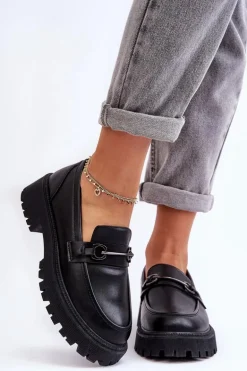Damskie Skórzane Mokasyny Na Platformie Czarne Detes