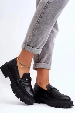 Damskie Skórzane Mokasyny Na Platformie Czarne Detes