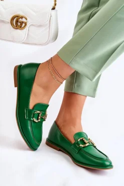 Damskie Skórzane Mokasyny Zielone Coriso