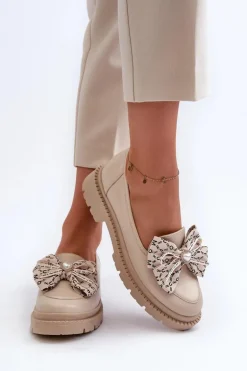 Damskie Skórzane Mokasyny Z Kokardą Laura Messi 2787 Jasnobeżowe