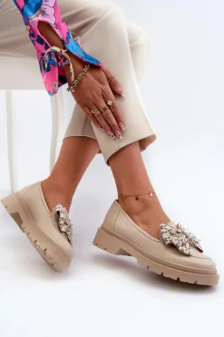 Damskie Skórzane Mokasyny Z Kokardą Laura Messi 2787 Jasnobeżowe