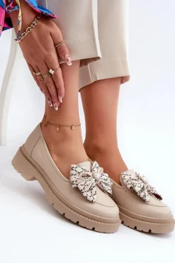 Damskie Skórzane Mokasyny Z Kokardą Laura Messi 2787 Jasnobeżowe