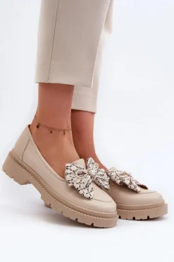 Damskie Skórzane Mokasyny Z Kokardą Laura Messi 2787 Jasnobeżowe