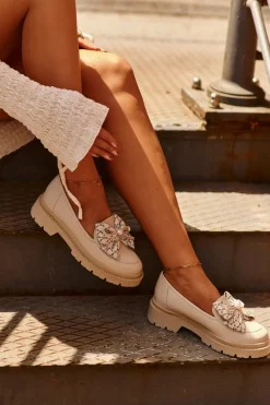 Damskie Skórzane Mokasyny Z Kokardą Laura Messi 2787 Jasnobeżowe