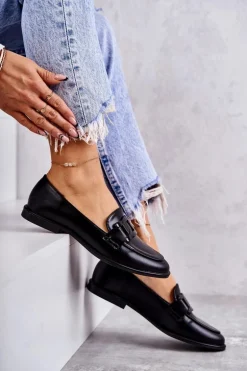 Damskie Skórzane Mokasyny Z Ozdobą Czarne Kerrie