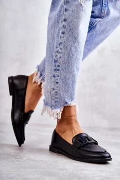 Damskie Skórzane Mokasyny Z Ozdobą Czarne Kerrie