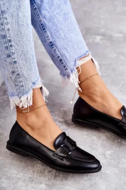 Damskie Skórzane Mokasyny Z Ozdobą Czarne Kerrie