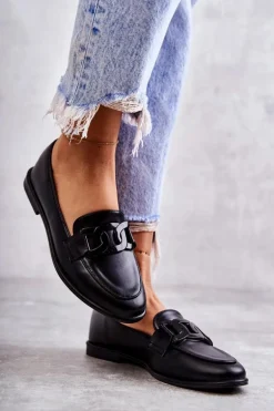 Damskie Skórzane Mokasyny Z Ozdobą Czarne Kerrie