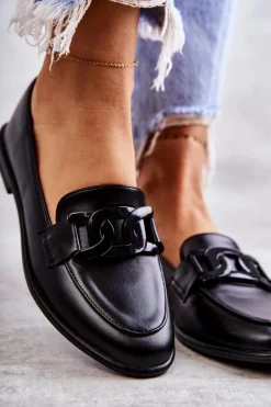 Damskie Skórzane Mokasyny Z Ozdobą Czarne Kerrie