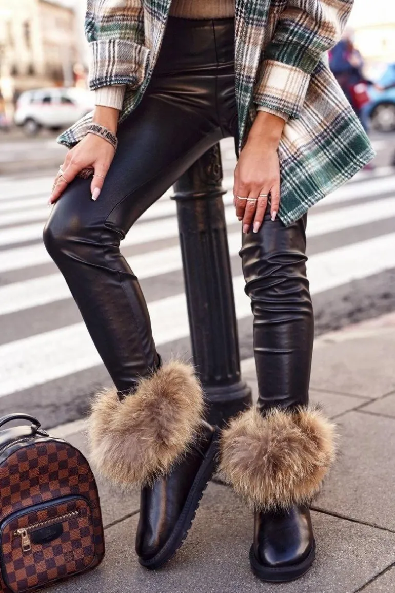 Damskie Skórzane Śniegowce Z Futerkiem Lakierowane Czarne Alexa