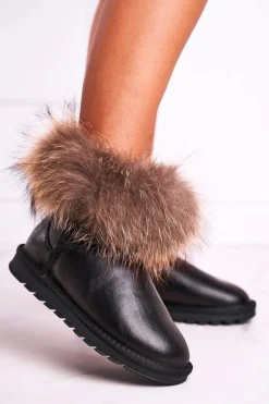 Damskie Skórzane Śniegowce Z Futerkiem Lakierowane Czarne Alexa