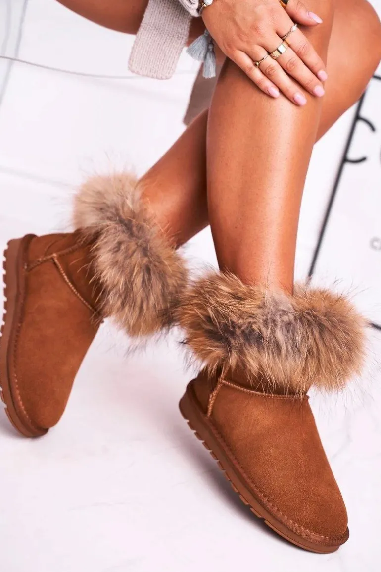 Damskie Skórzane Śniegowce Z Futerkiem Camel Alexa