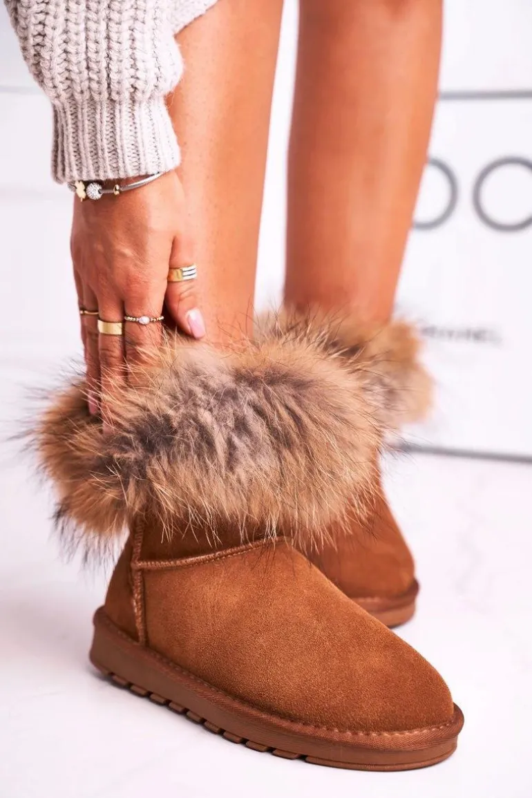 Damskie Skórzane Śniegowce Z Futerkiem Camel Alexa