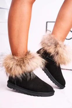 Damskie Skórzane Śniegowce Z Futerkiem Czarne Alexa