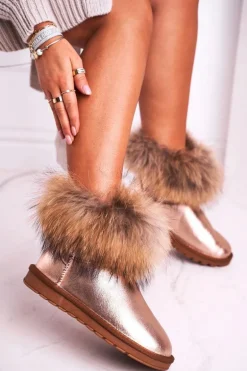 Damskie Skórzane Śniegowce Z Futerkiem Champagne Alexa