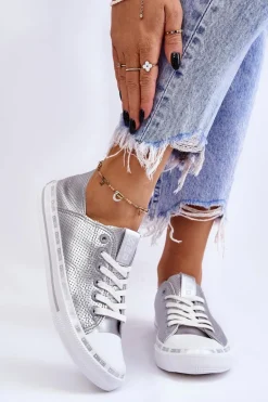 Damskie Skórzane Niskie Trampki Big Star LL274016 Srebrne