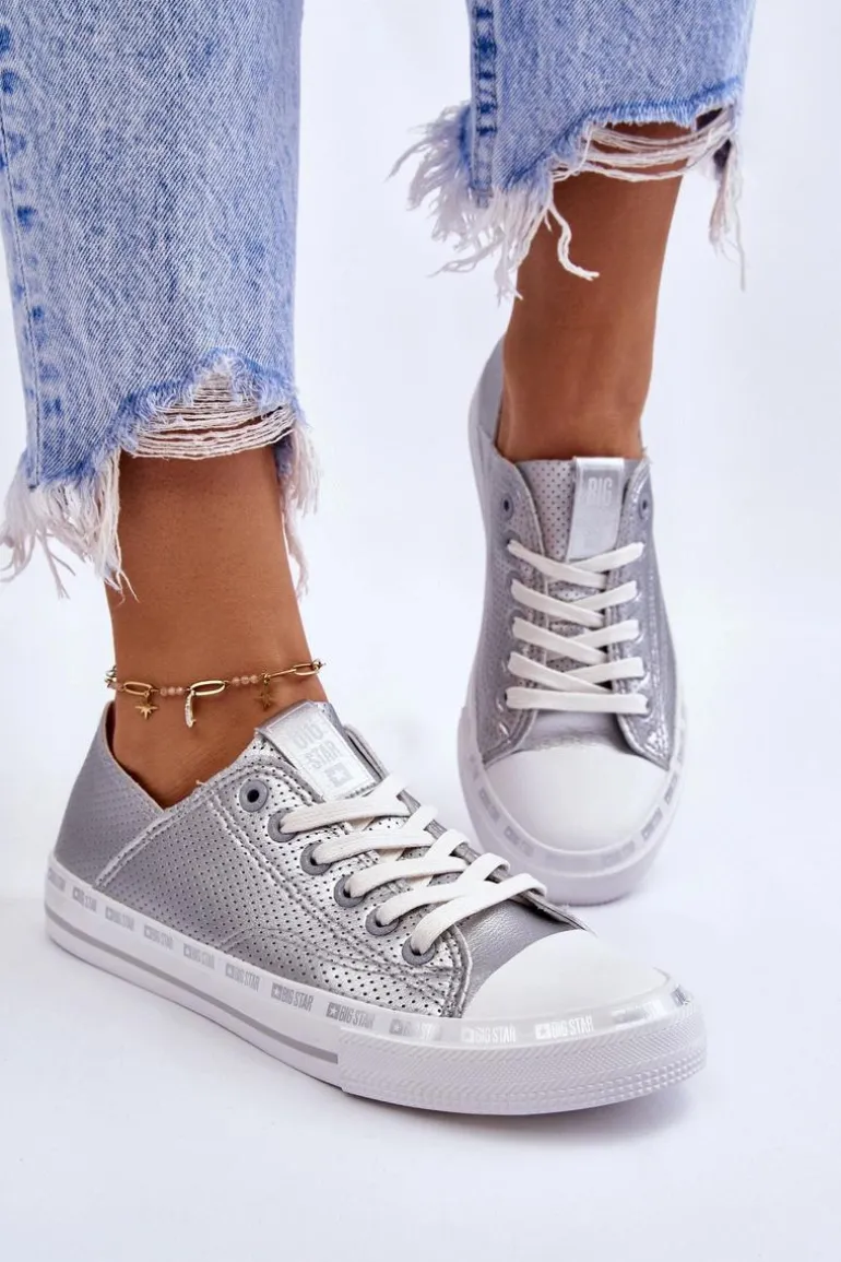 Damskie Skórzane Niskie Trampki Big Star LL274016 Srebrne