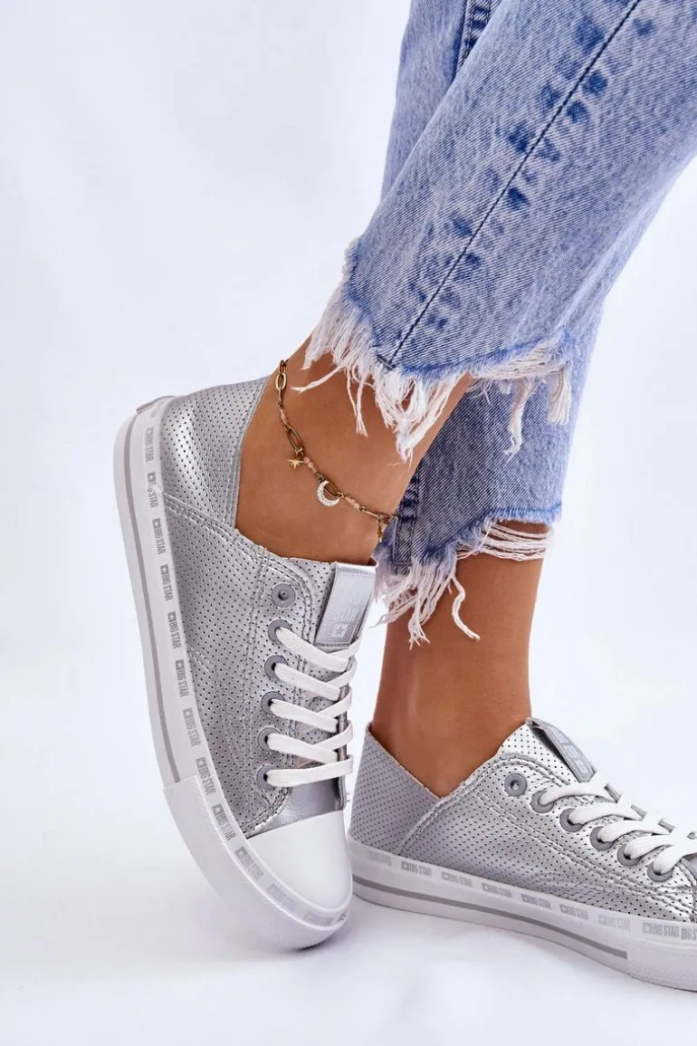 Damskie Skórzane Niskie Trampki Big Star LL274016 Srebrne