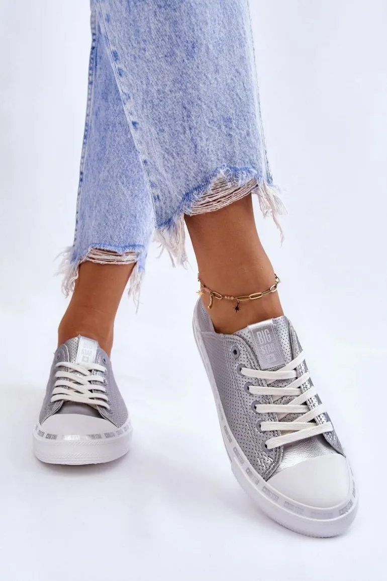 Damskie Skórzane Niskie Trampki Big Star LL274016 Srebrne