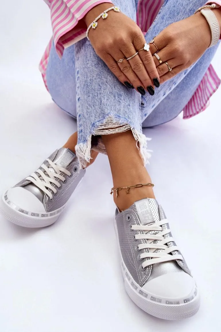 Damskie Skórzane Niskie Trampki Big Star LL274016 Srebrne